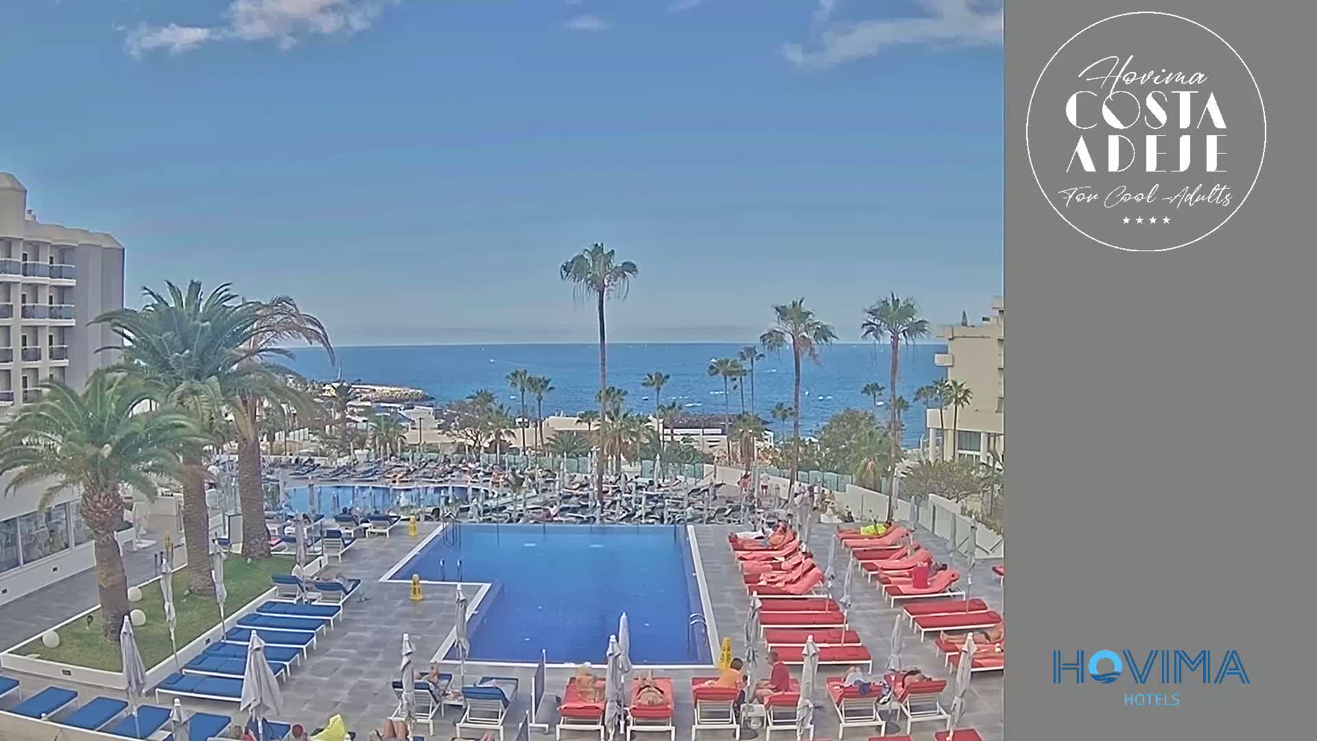 A resort pool area with red lounge chairs and palm trees overlooks a calm ocean under a clear blue sky.