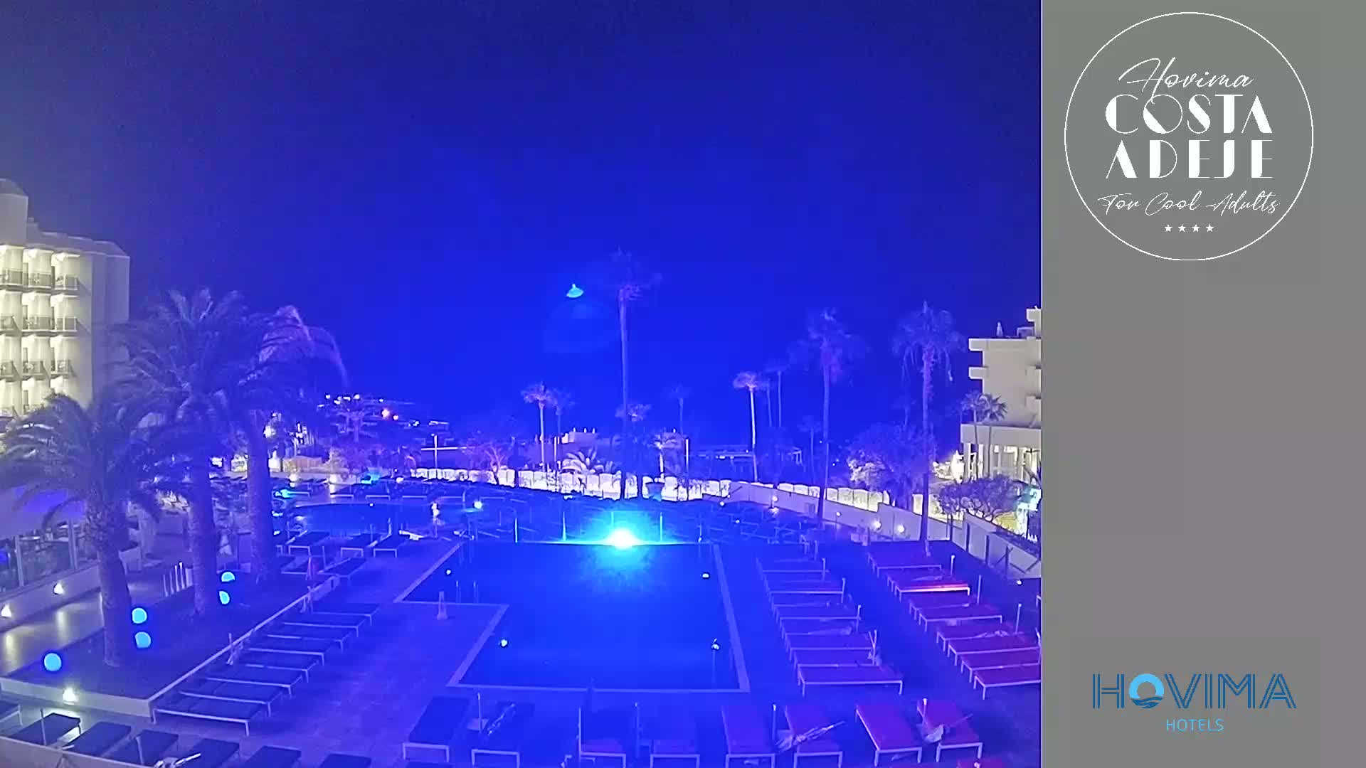 A nighttime view of a hotel pool area, illuminated in blue light, surrounded by palm trees under a dark blue sky.