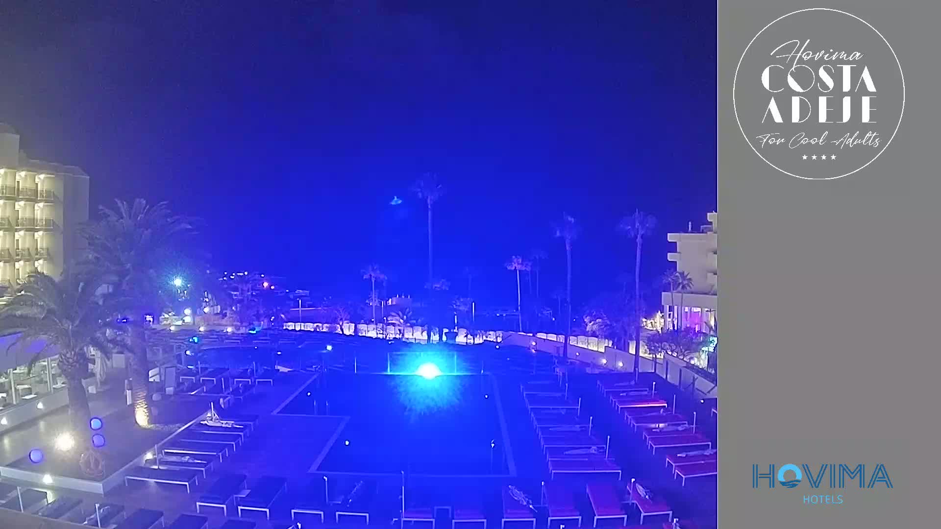 A nighttime view of a resort pool area with palm trees, illuminated in blue light, under a dark, clear sky.