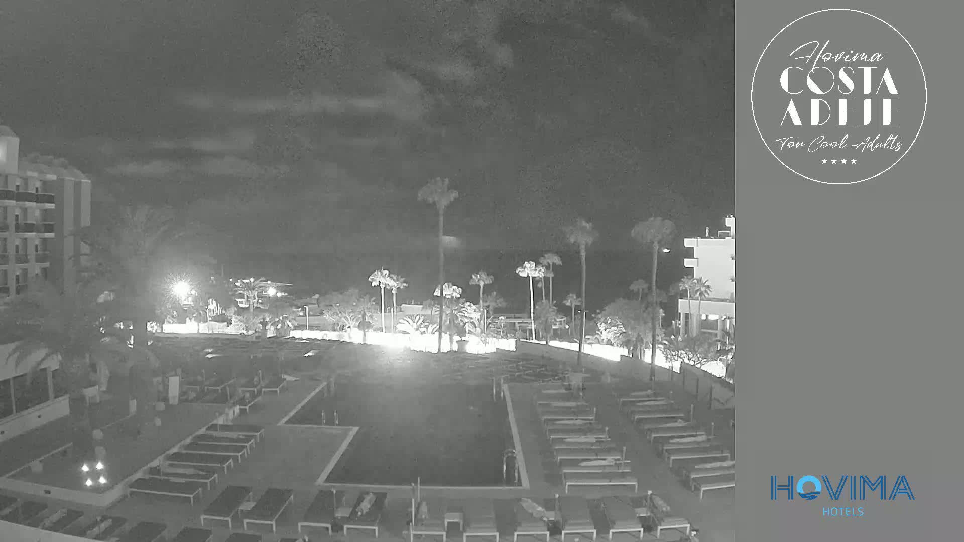 A nighttime, black and white view of a resort pool area with palm trees and several rows of lounge chairs surrounding a dark pool.