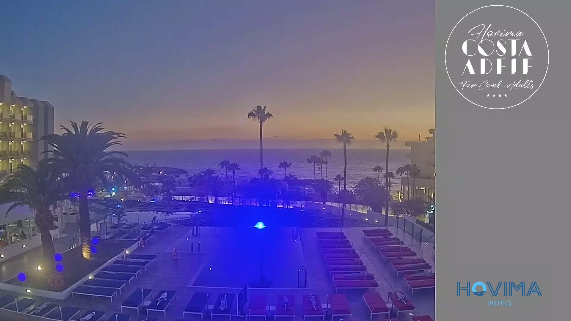 An outdoor pool area with lounge chairs illuminated in blue light overlooks a calm ocean at twilight,  palm trees scattered around the resort.