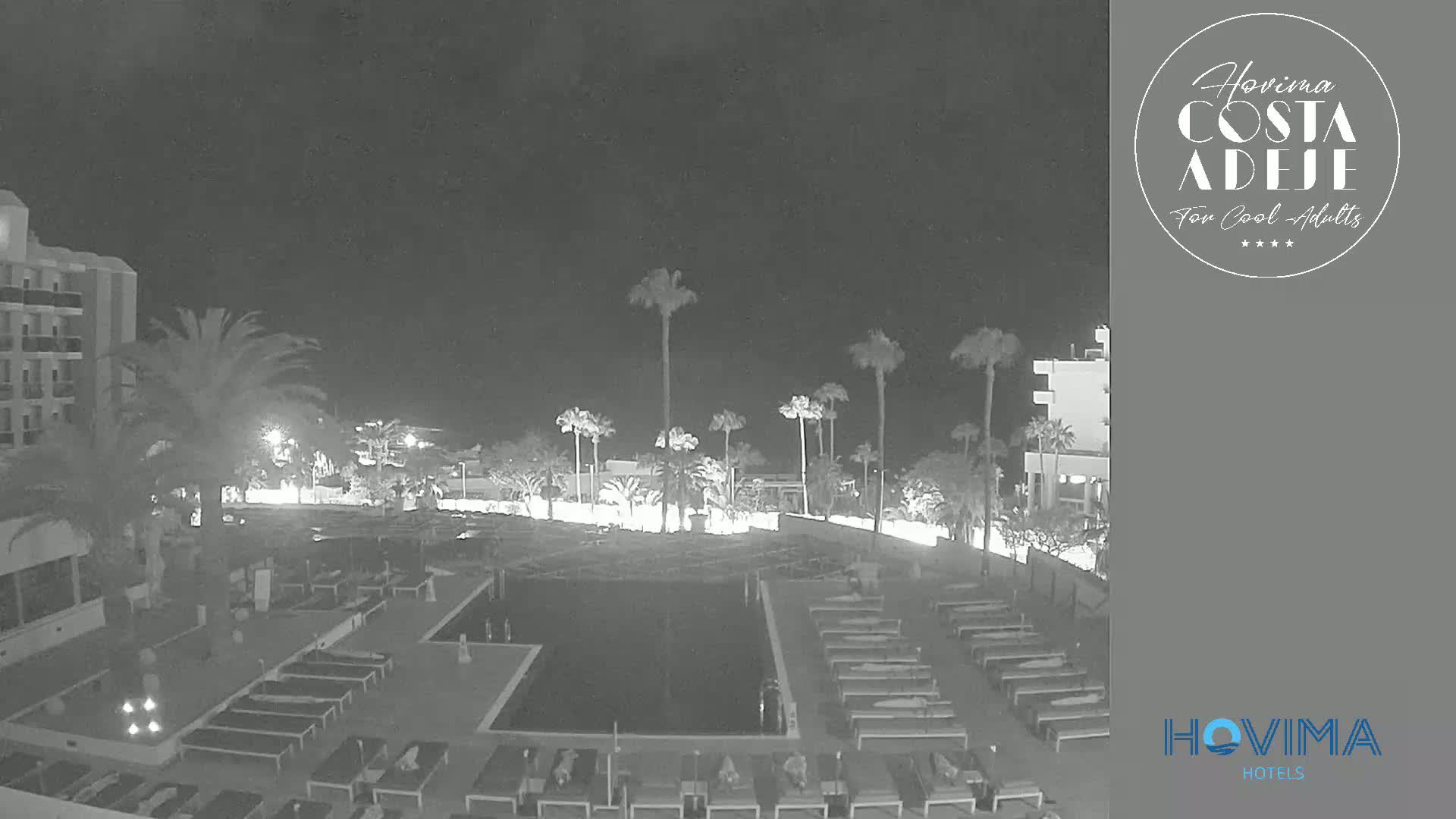 A nighttime, black-and-white view of a resort pool area with palm trees, lounge chairs, and a building illuminated under a dark sky.