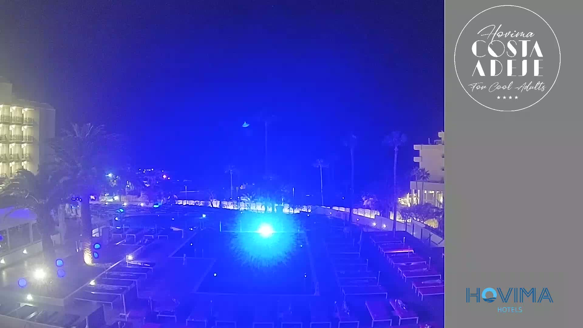 A nighttime view of a resort pool area illuminated in blue light, with palm trees and a building visible in the background under a clear, dark sky.