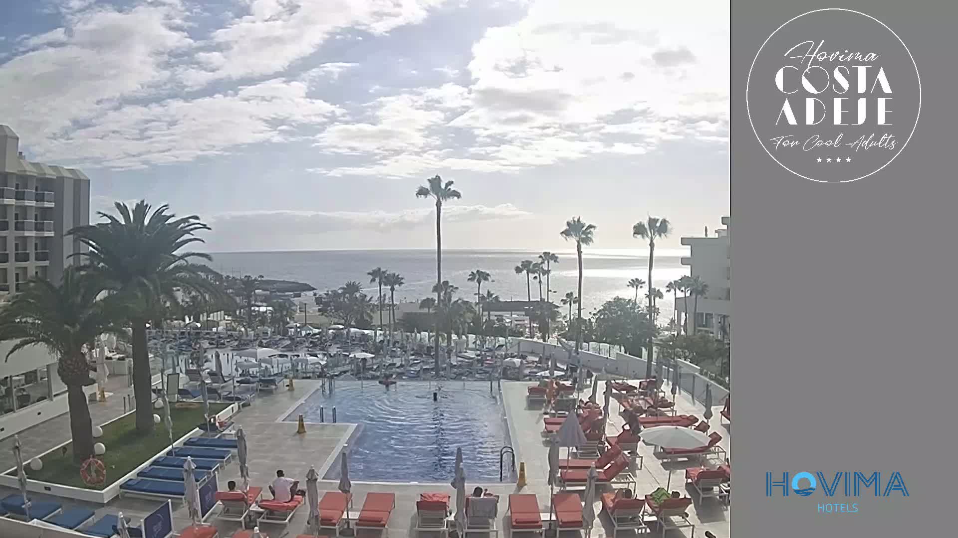A resort pool area with many lounge chairs and palm trees overlooks a calm ocean under a partly cloudy sky.