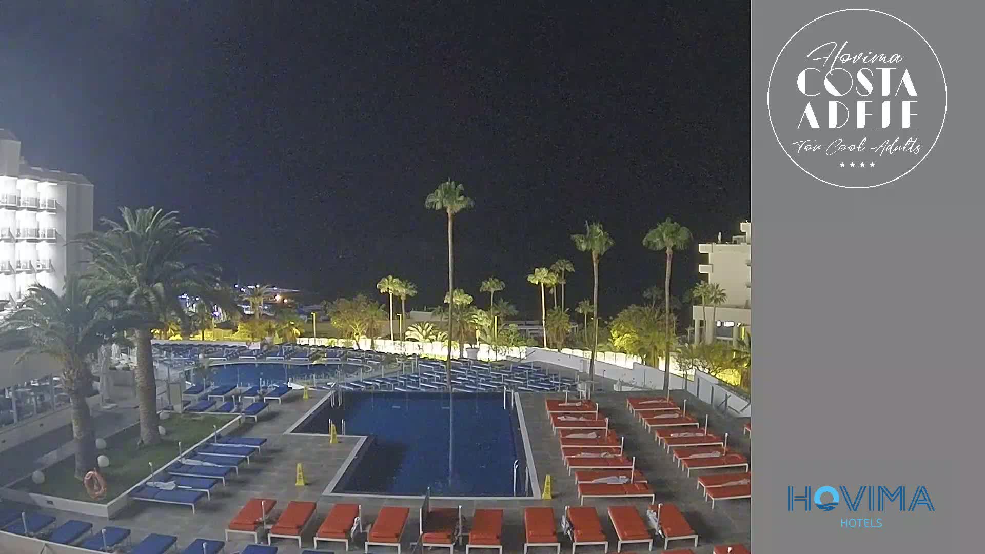 A nighttime view of a hotel pool area with numerous lounge chairs surrounding a dark blue pool, palm trees, and a multi-story building under a clear, dark sky.