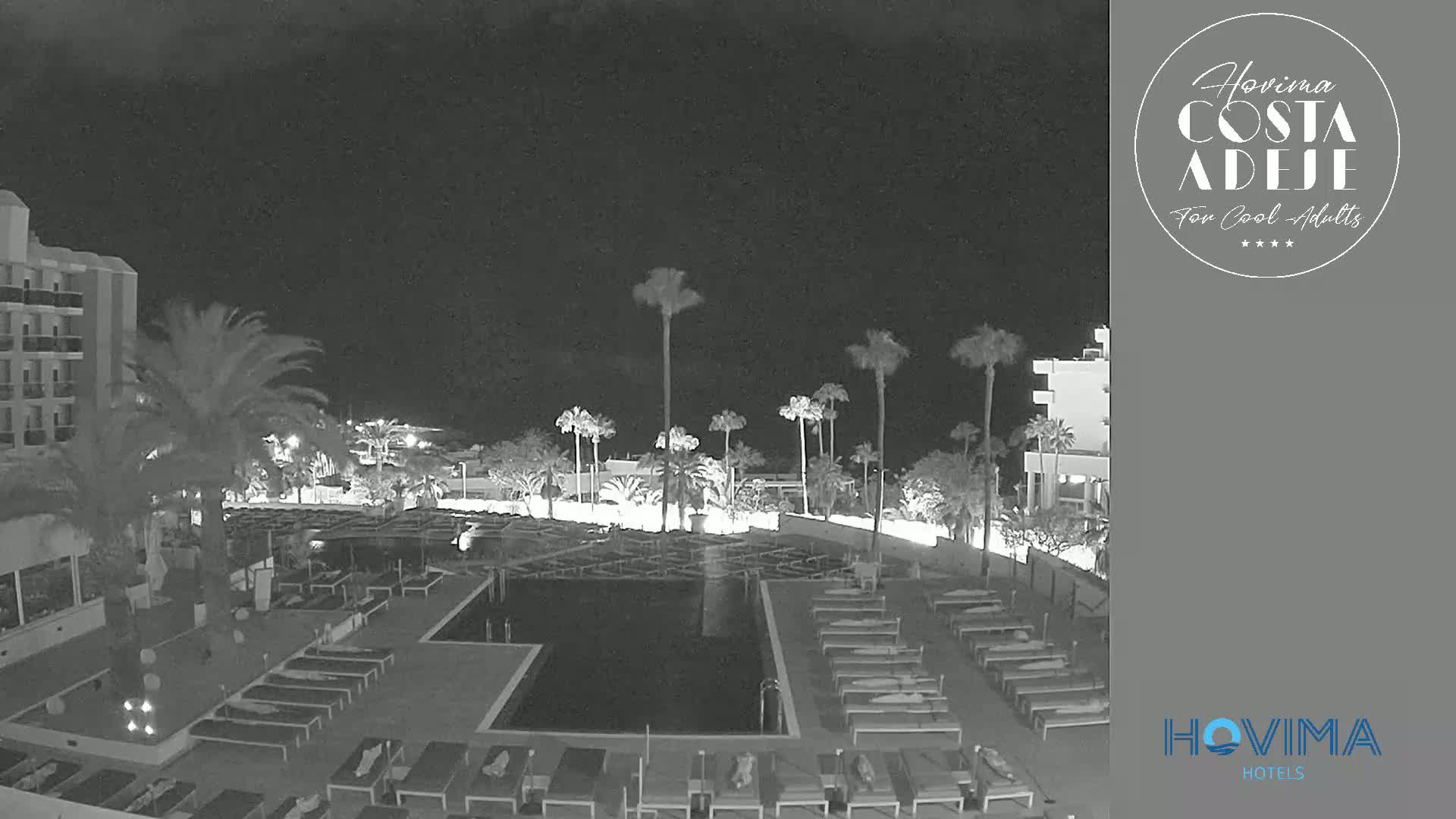 A nighttime, black and white view of a resort pool area with palm trees, lounge chairs, and a building.