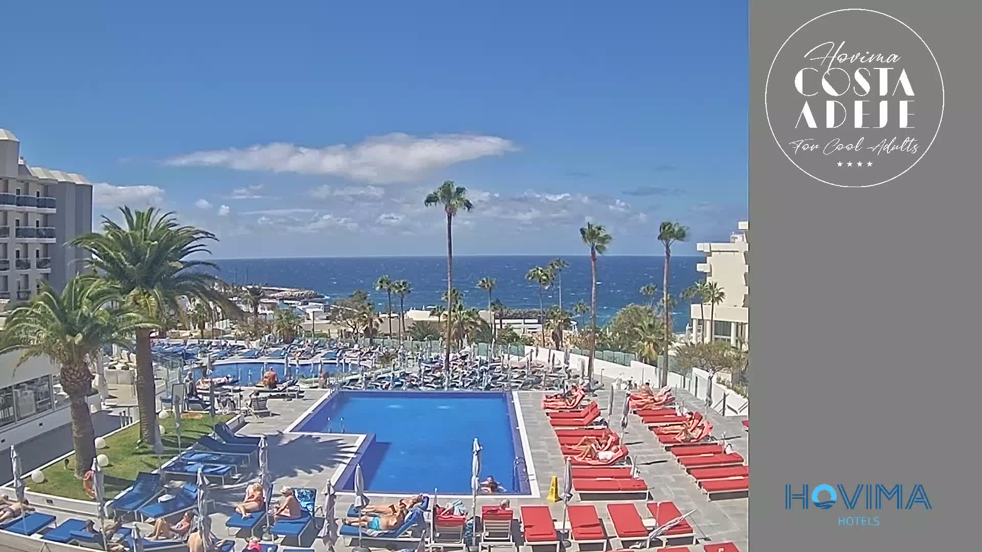 A resort pool area with red lounge chairs surrounds a large swimming pool, palm trees, and a building overlook a calm ocean under a mostly sunny sky.