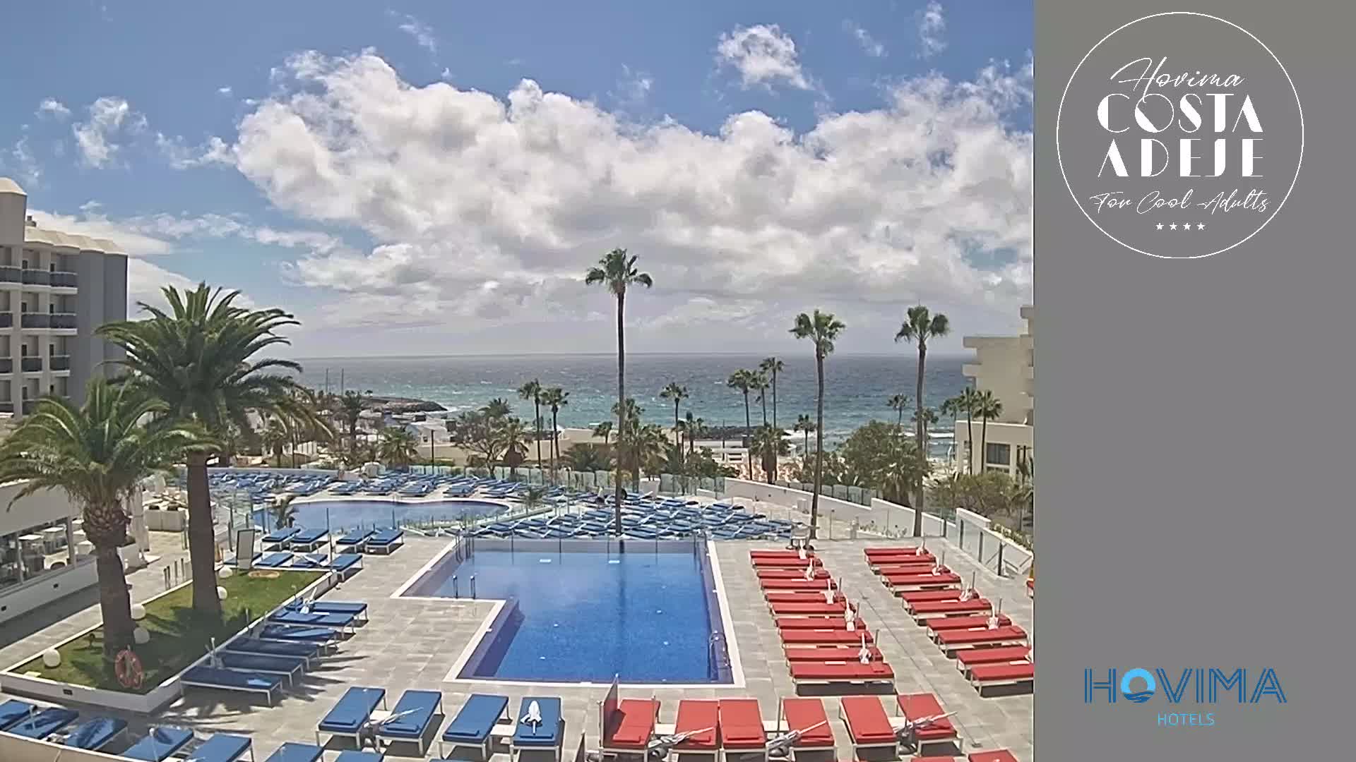 A resort pool area with many lounge chairs, palm trees, and a view of a partly cloudy ocean.