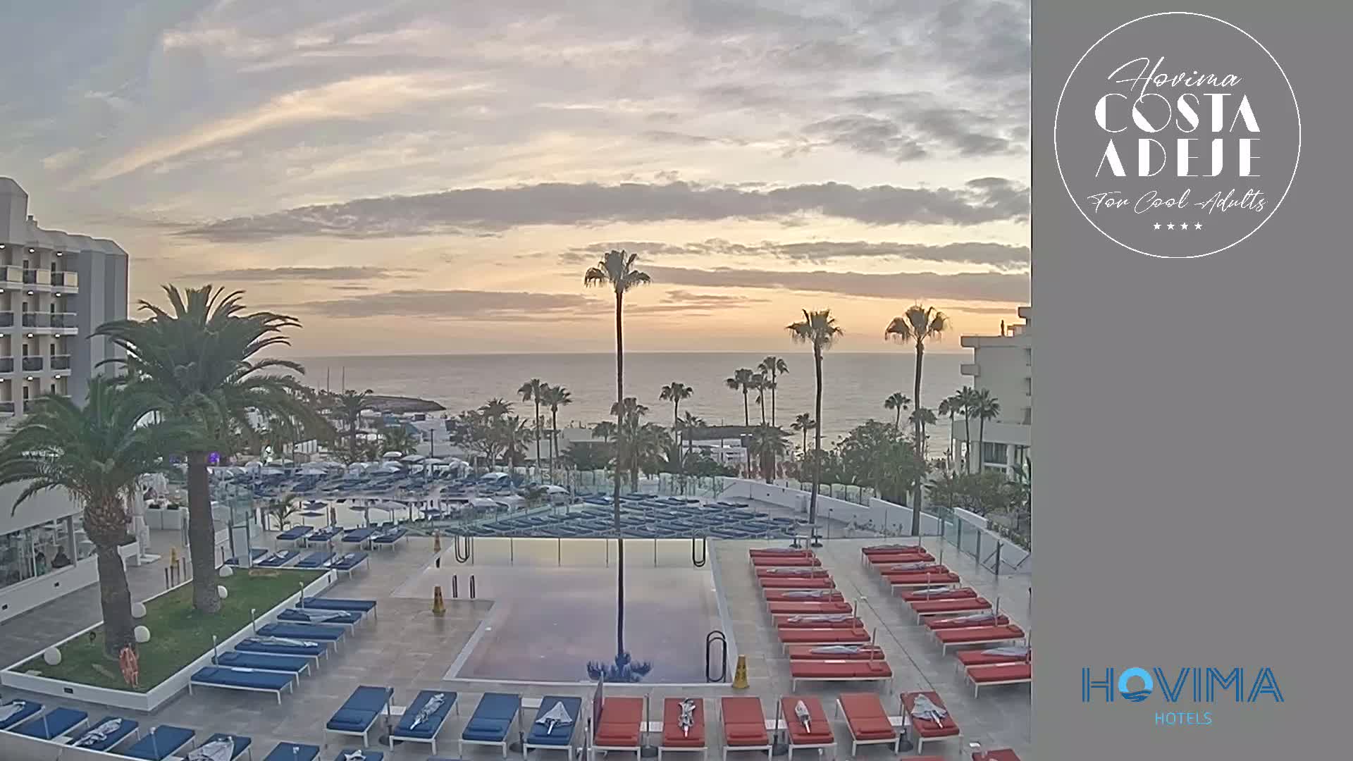 A hotel pool area with many empty lounge chairs is shown at sunrise overlooking a calm ocean, with palm trees in the foreground.