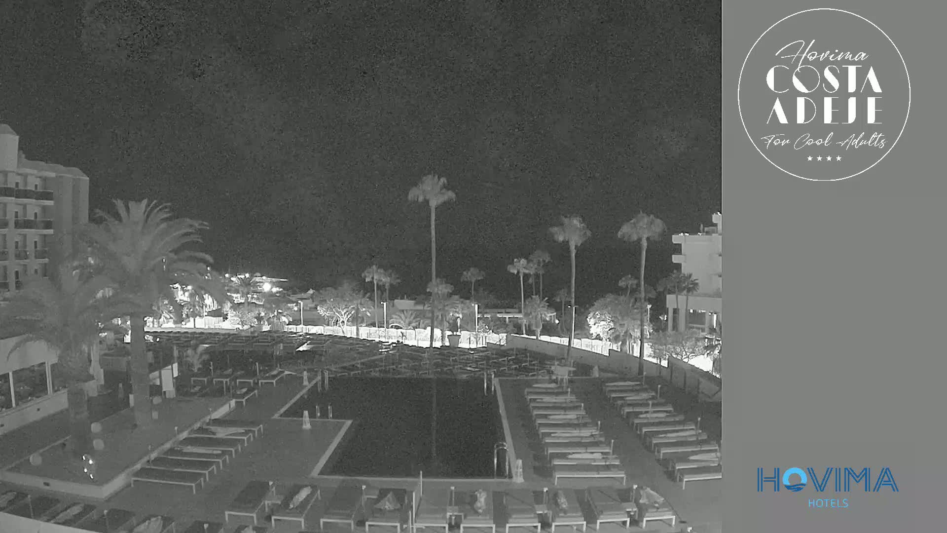A nighttime, black-and-white view of a resort pool area with palm trees, lounge chairs, and a building in the background.