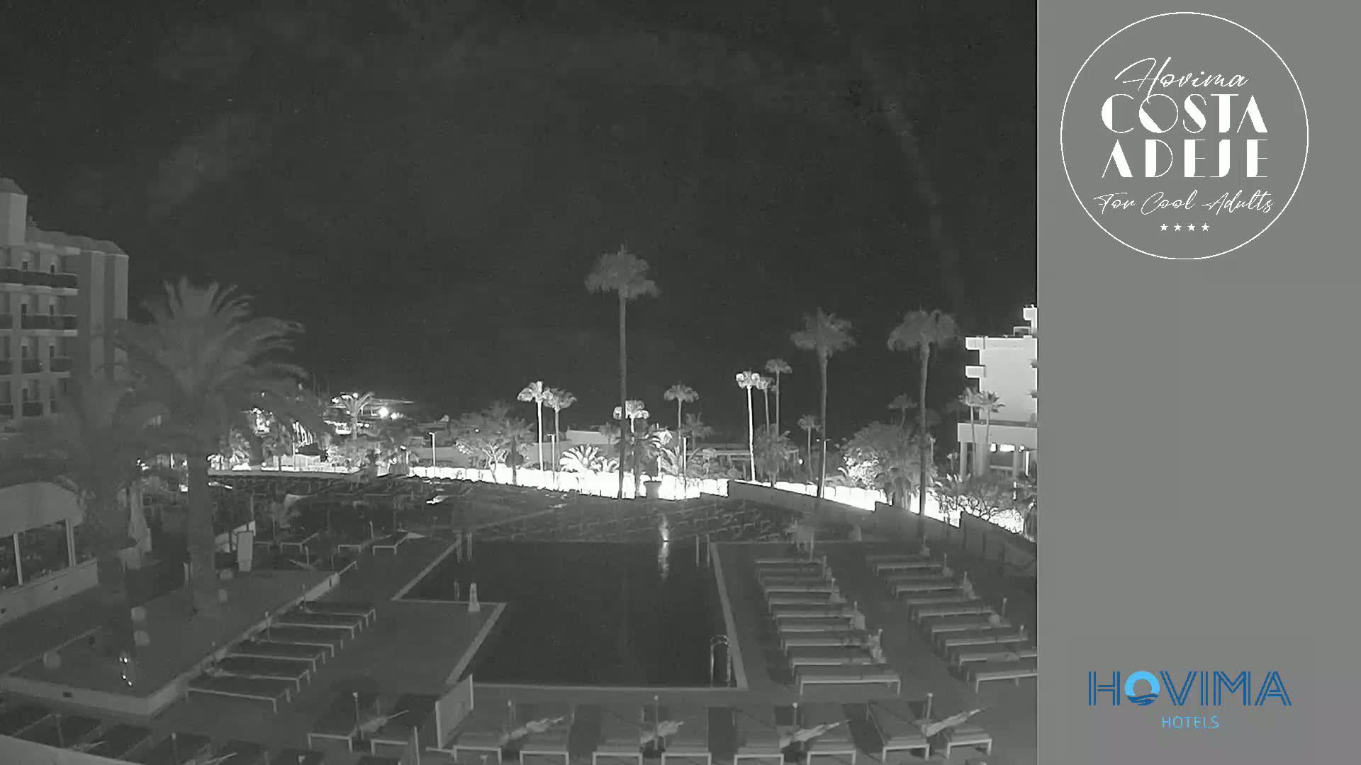 A nighttime, black and white view of a resort pool area with palm trees and a building, under a dark, clear sky.