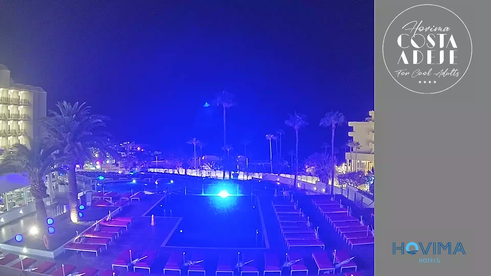 A nighttime view of a resort pool area with palm trees, lounge chairs, and a building, under a clear, dark blue sky.