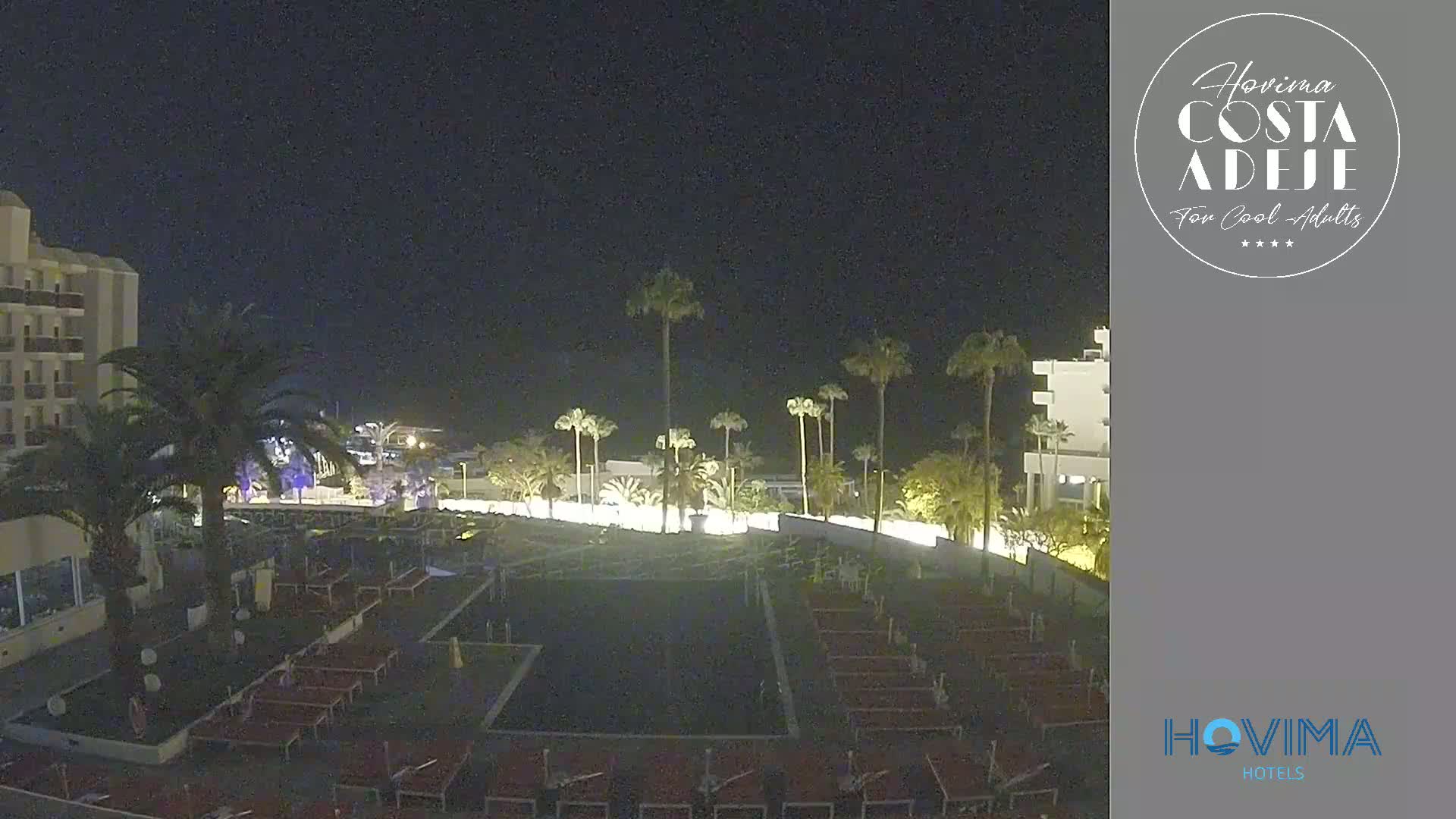 At night, a resort area with palm trees, buildings, and numerous lounge chairs arranged in rows is illuminated.