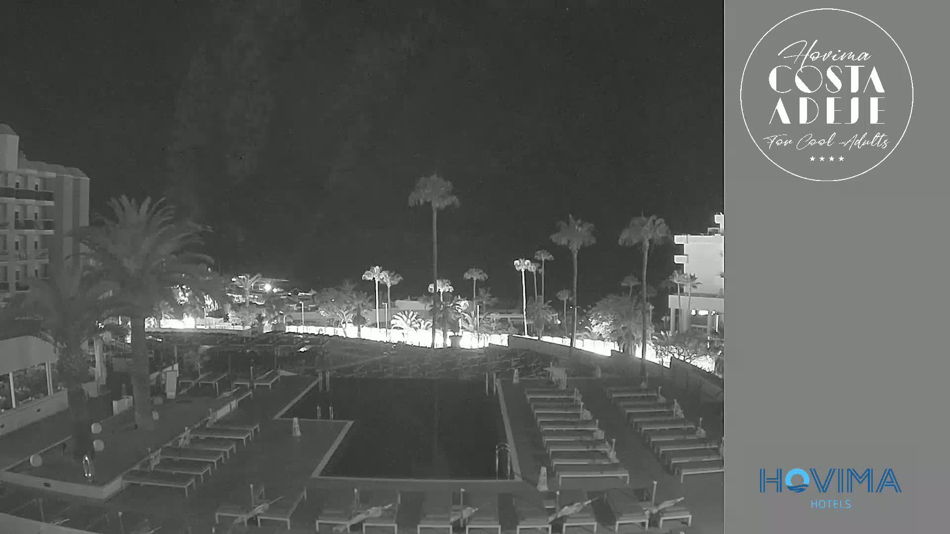 A nighttime, black-and-white view of a resort pool area with palm trees, lounge chairs, and buildings under a dark sky.
