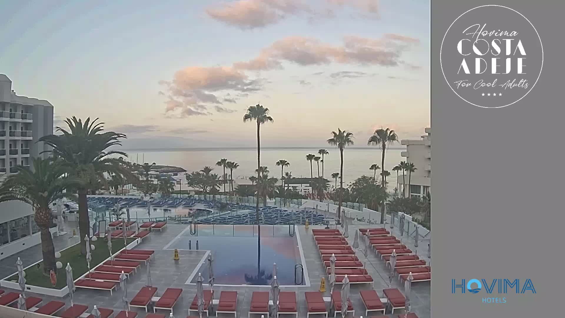 An outdoor pool area with red lounge chairs and palm trees surrounds a calm ocean under a partly cloudy sky.