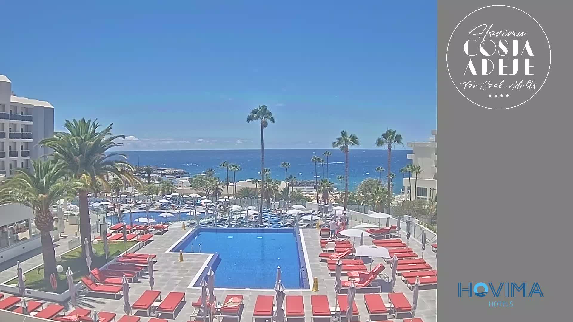 A resort pool area with red lounge chairs surrounds a large pool, overlooking a calm ocean under a clear blue sky.