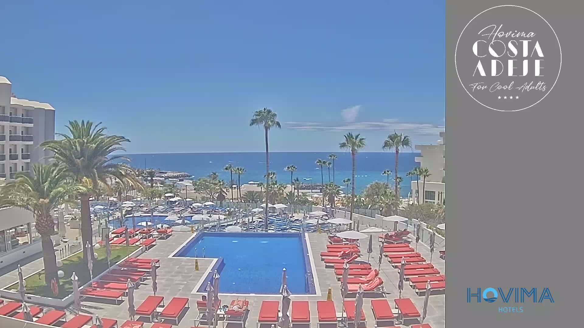 A resort pool area with red lounge chairs surrounds a large blue pool, overlooking a beach and ocean under a clear sunny sky.