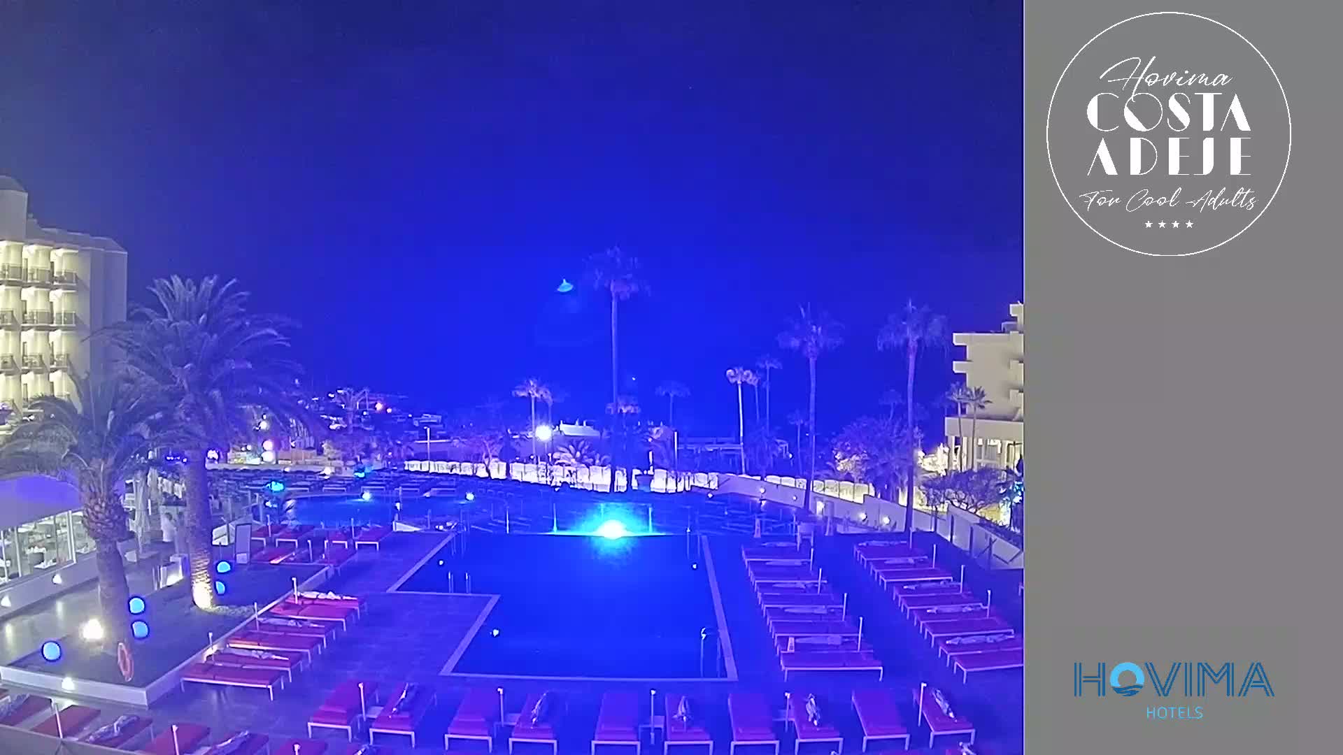 A nighttime view of a resort pool area with palm trees and a building under a clear, dark blue sky.