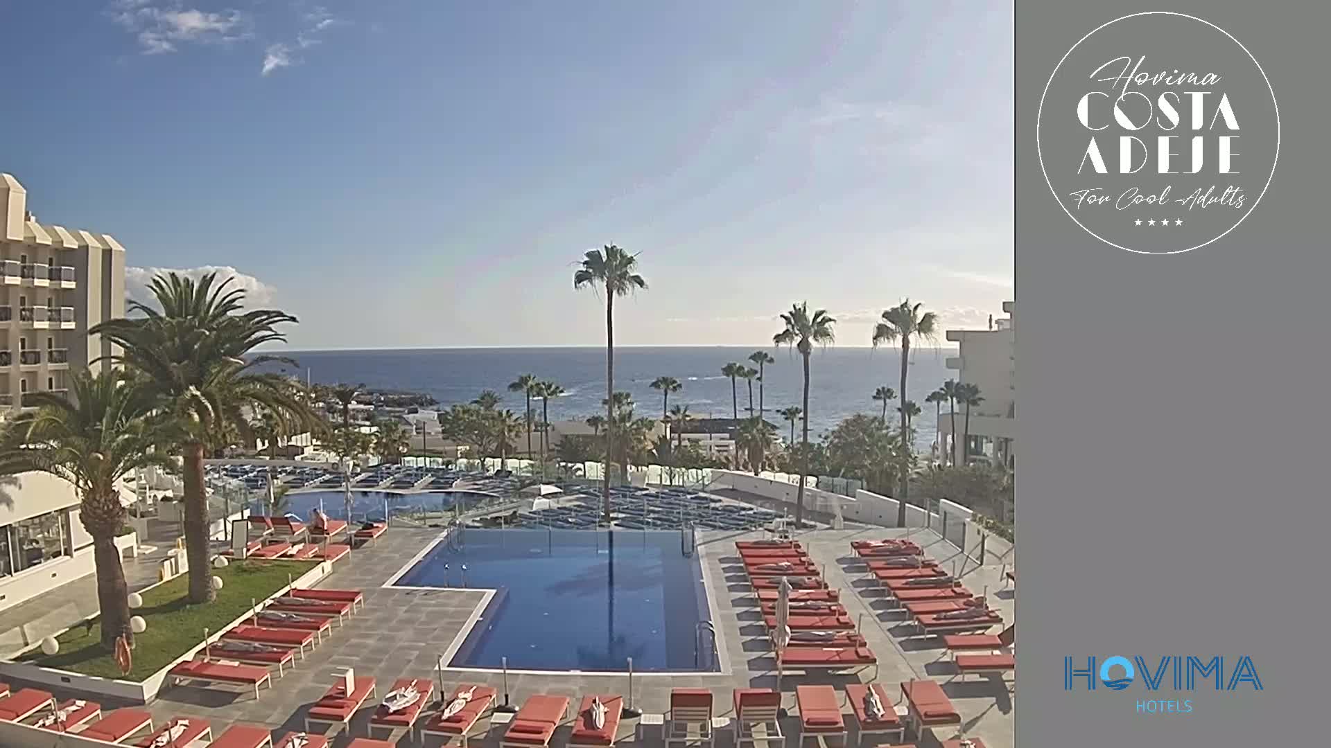 A resort pool area with red lounge chairs surrounding a large pool, palm trees, and a clear view of the ocean under a sunny sky.