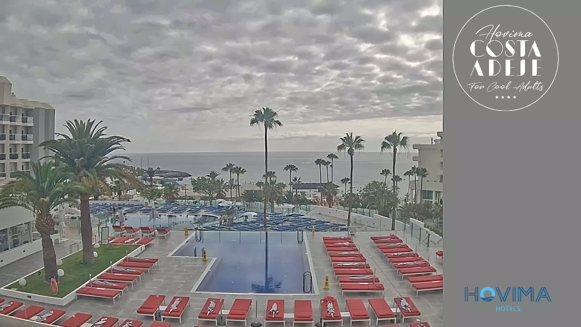 A resort pool area with red lounge chairs surrounding a rectangular pool, palm trees, and a cloudy sky overlooks the ocean.