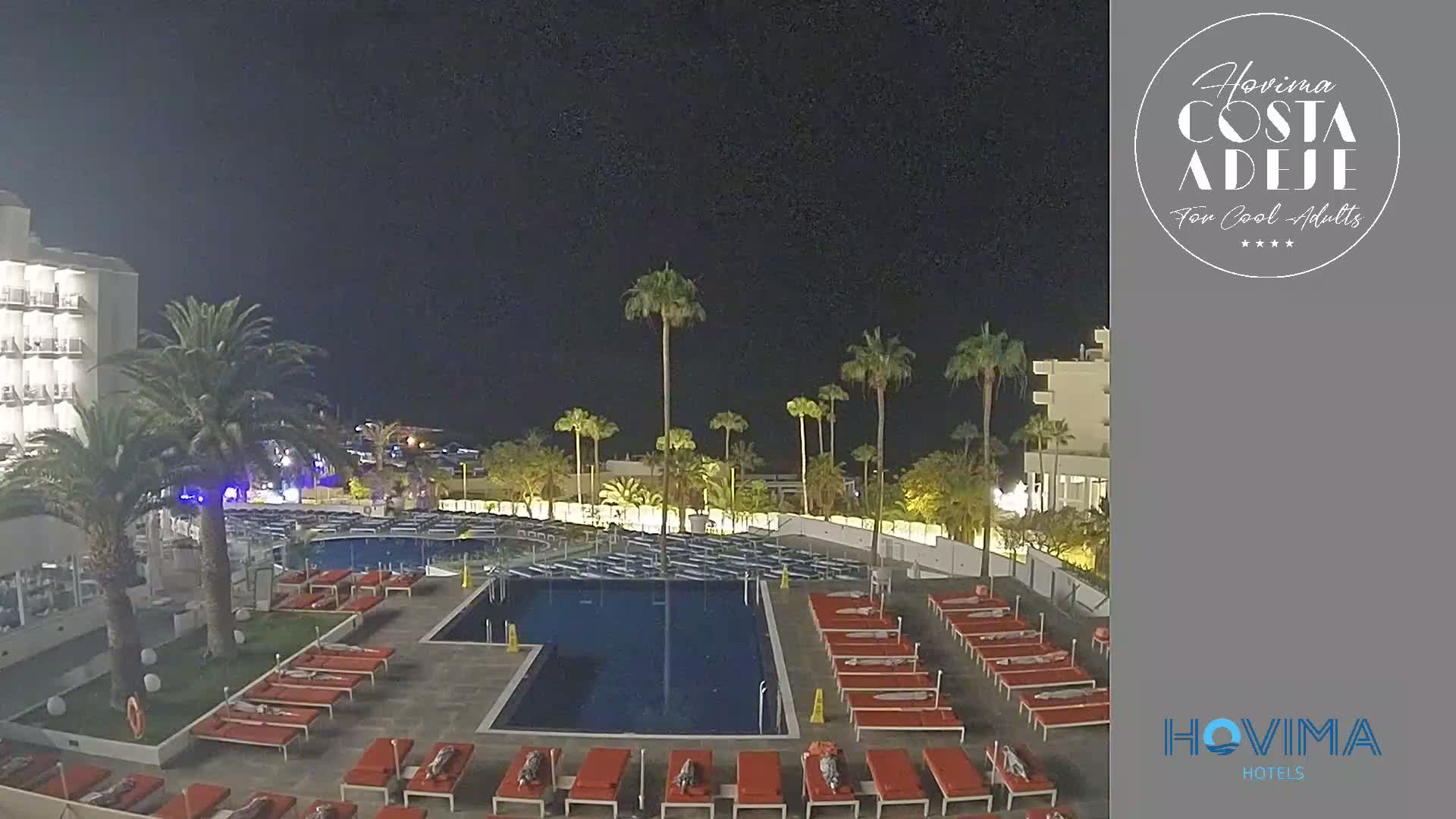 A nighttime view of a resort pool area with palm trees and red lounge chairs surrounding a rectangular pool, under a clear night sky.