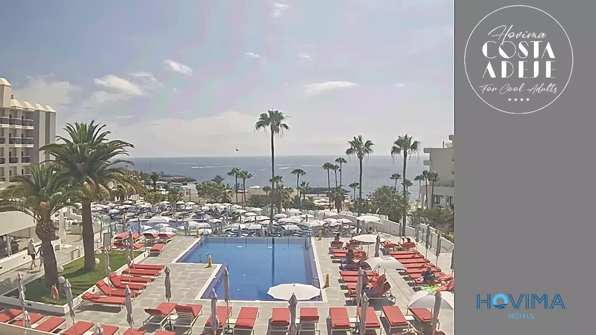 A sunny day shows a resort pool area with red lounge chairs and umbrellas surrounding a rectangular pool, palm trees, and a view of the ocean.