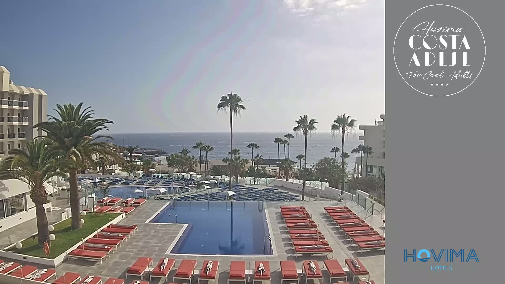 A resort pool area with red lounge chairs surrounds a rectangular pool, palm trees and a building are visible, all overlooking a calm ocean under a clear sky.