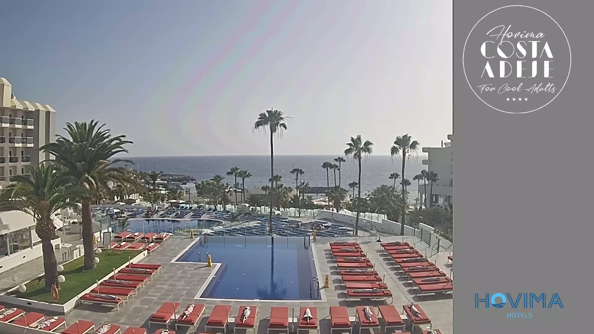 A resort pool area with red lounge chairs surrounds a rectangular pool, palm trees and a building are visible, overlooking a calm ocean under a clear sky.