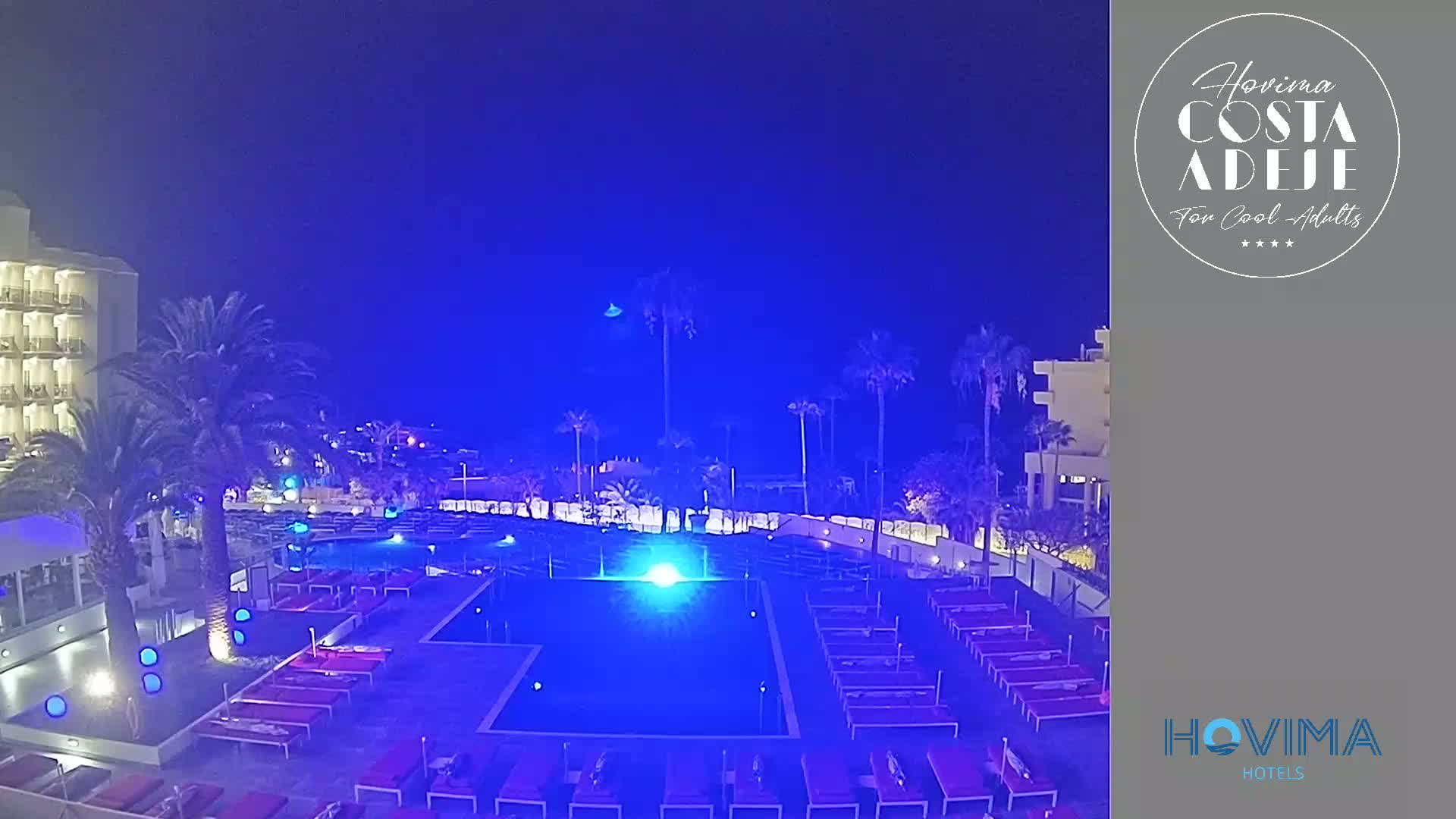 A nighttime view of a resort pool area illuminated in blue, with palm trees and a hotel building in the background under a dark sky.