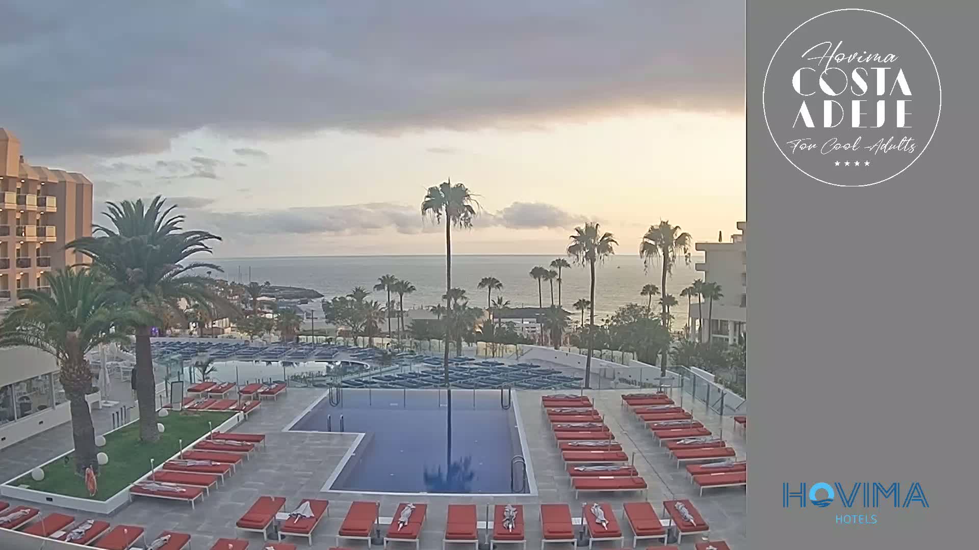 An outdoor pool area with red lounge chairs and palm trees overlooks a calm ocean under an overcast sky.