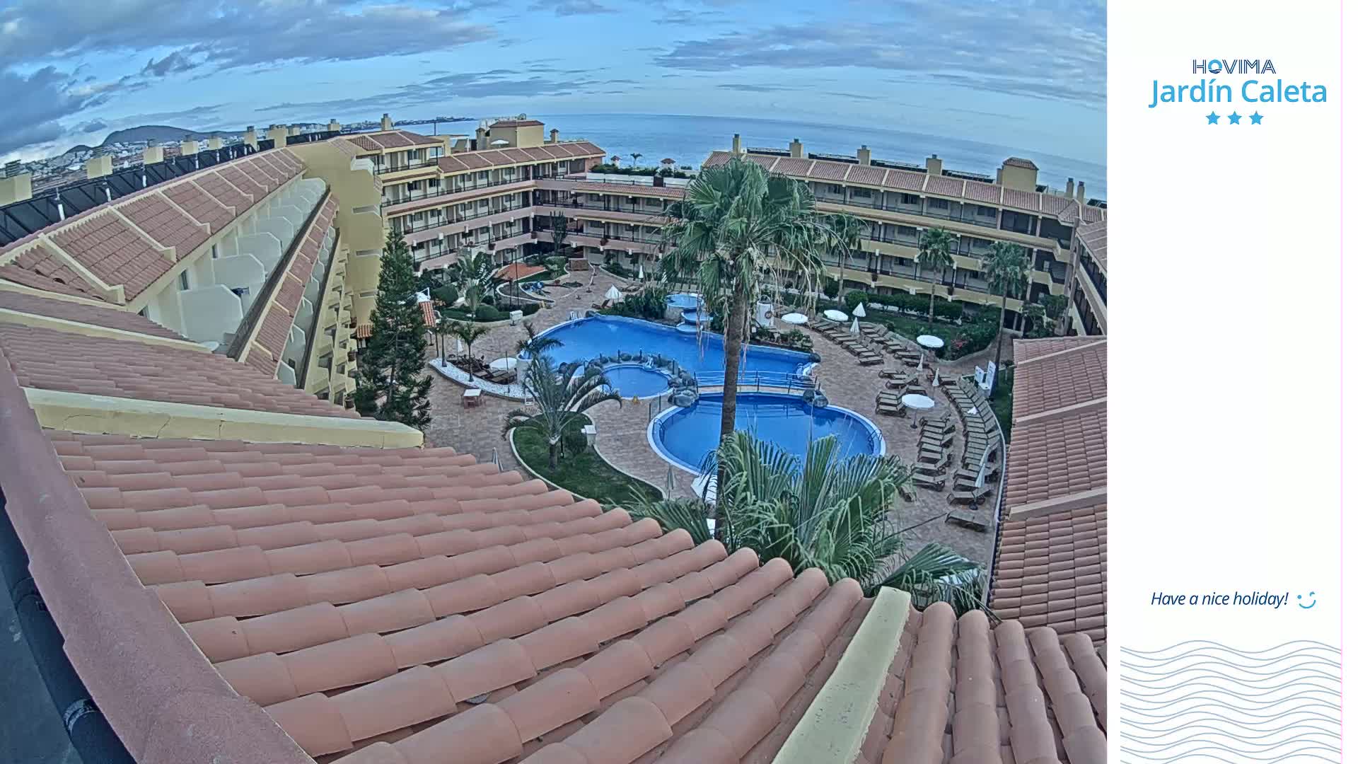 An overhead view shows a resort with a large, curved swimming pool surrounded by lounge chairs and palm trees under a partly cloudy sky.