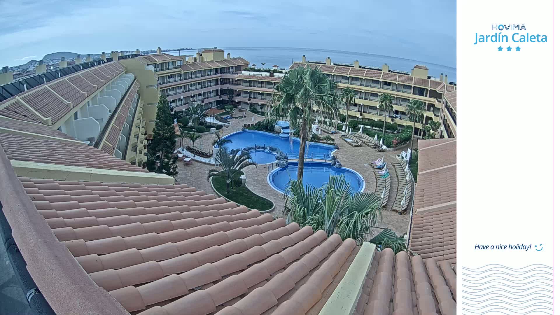 An overhead view of a resort complex with a large, multi-sectioned pool surrounded by palm trees and lounge chairs, under an overcast sky.
