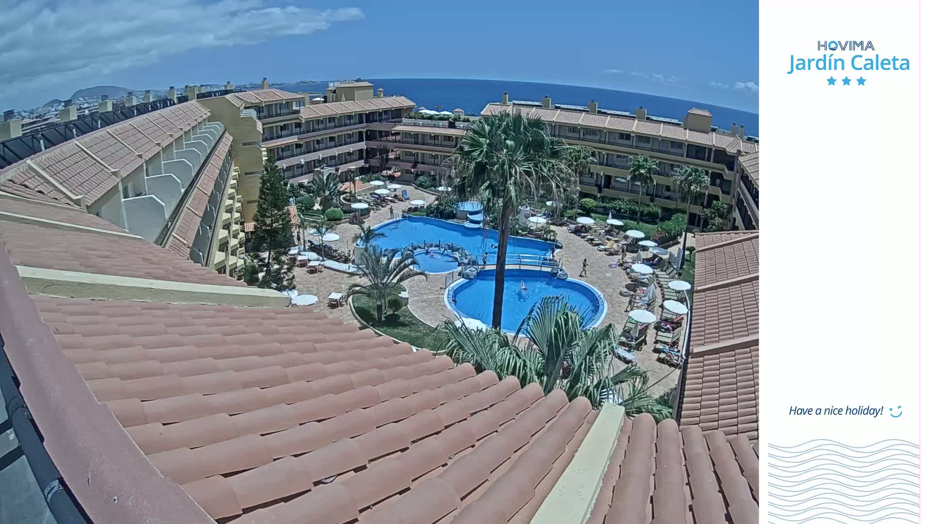 An aerial view shows a resort pool area with multiple pools, lounge chairs, and palm trees under a clear, sunny sky, overlooking an ocean.