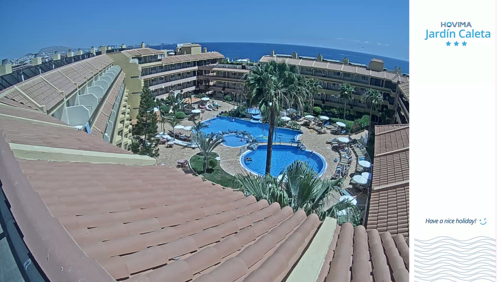 A tiled roof overlooks a resort pool area with palm trees and a clear blue ocean in the background under sunny skies.