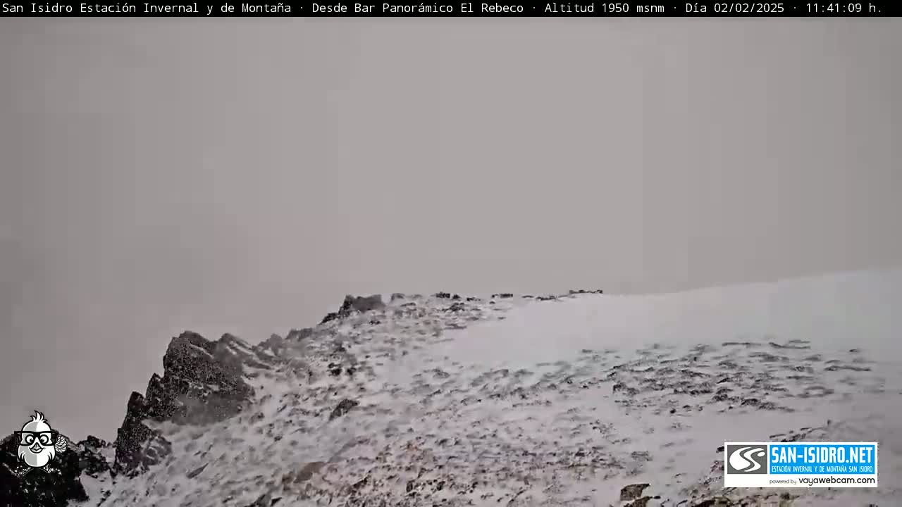 A snow-covered mountain peak is visible in hazy, snowy conditions.