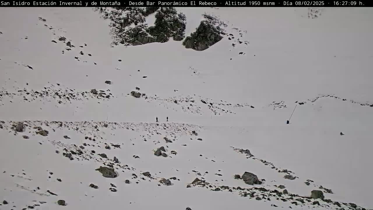 A snow-covered mountainside with scattered rocks and a few people walking, under an overcast sky.