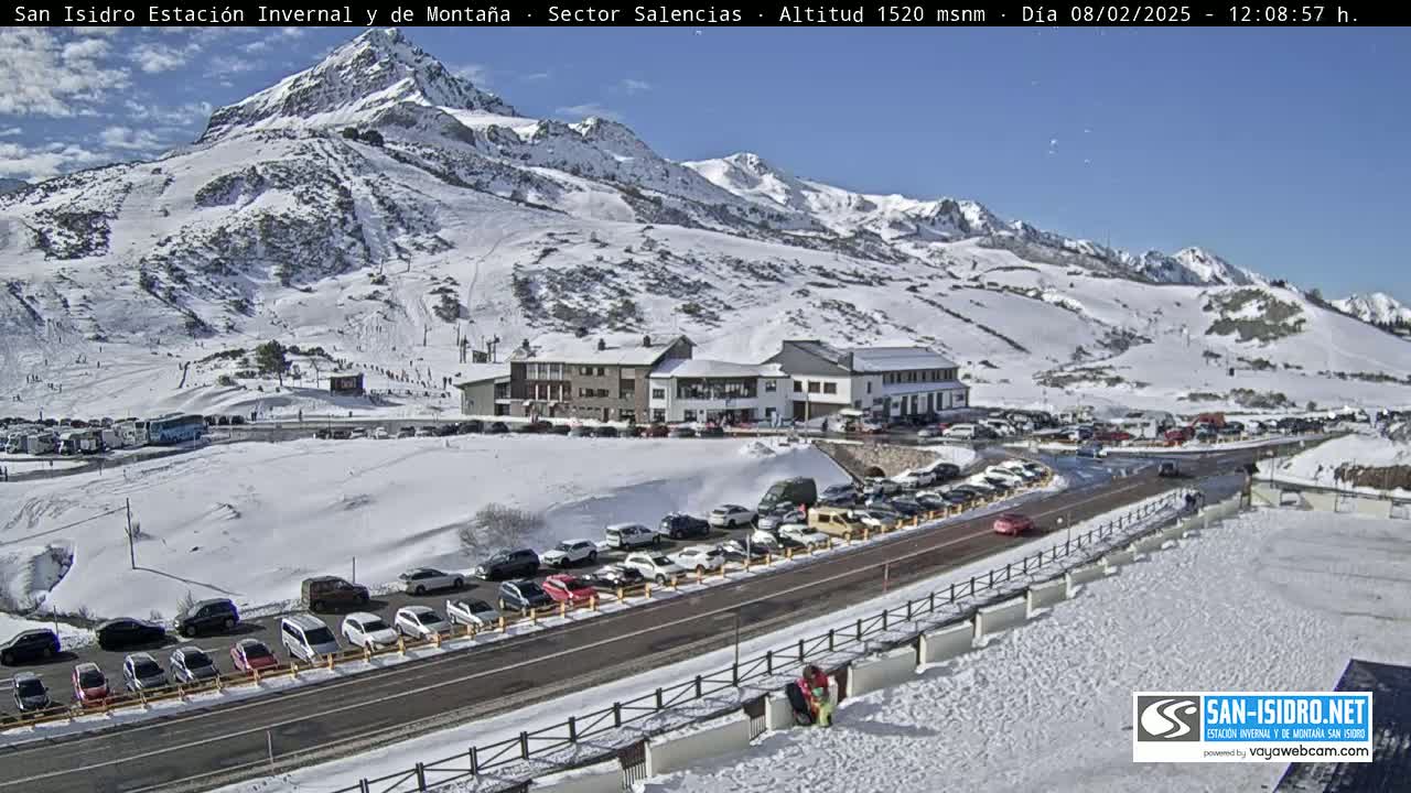 A sunny day at a snow-covered mountain resort shows a large parking lot full of cars near a building, with additional parking areas and ski slopes visible on the mountainside.