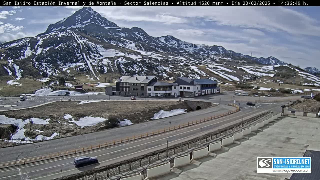 A mountain resort with patchy snow sits under a partly cloudy sky, with a road curving through the parking lot and past buildings.
