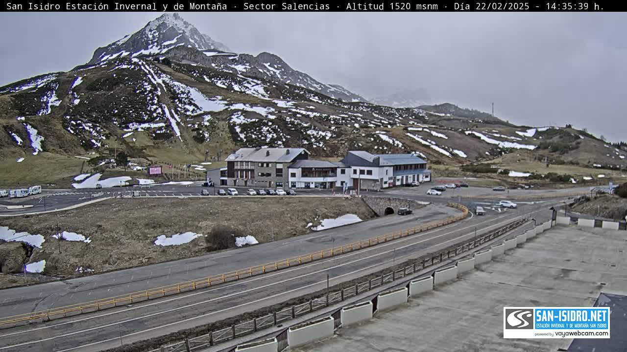 A mountainside with patchy snow, a parking lot, and several buildings is visible under an overcast sky.