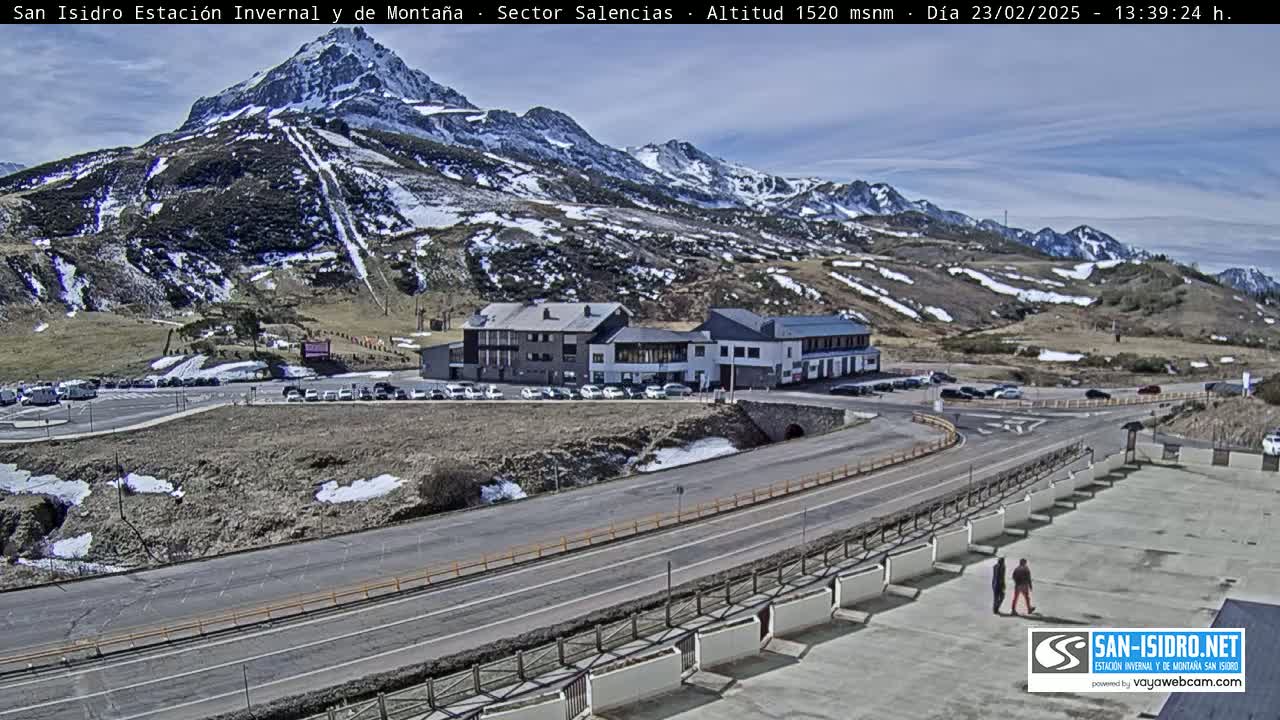 A mountain resort with a parking lot and buildings is situated below snow-capped mountains on a partly sunny day.