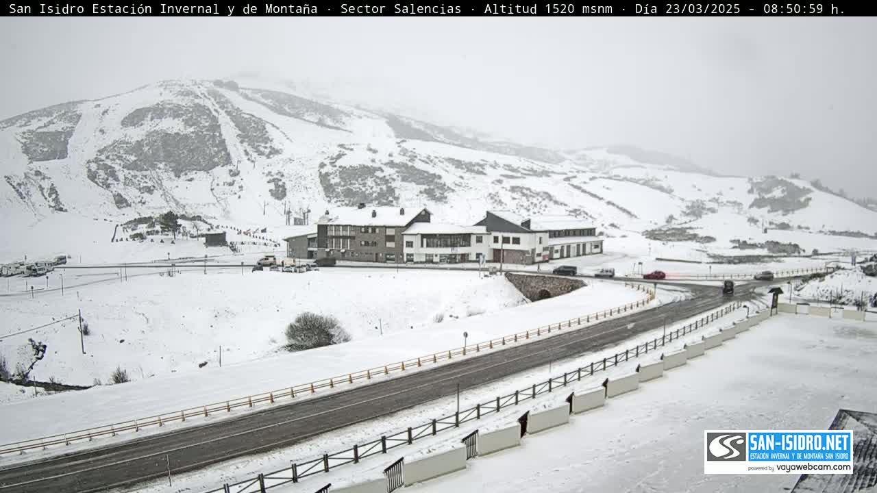 A snow-covered mountainside with ski runs, a road, and a building complex is visible under a cloudy, snowy sky.