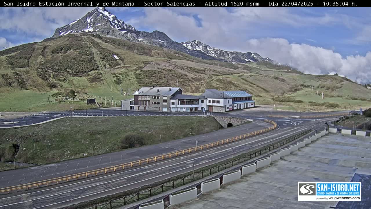 A mountainside resort with a parking lot and roads, partially cloudy skies, and snow-capped mountains in the background.