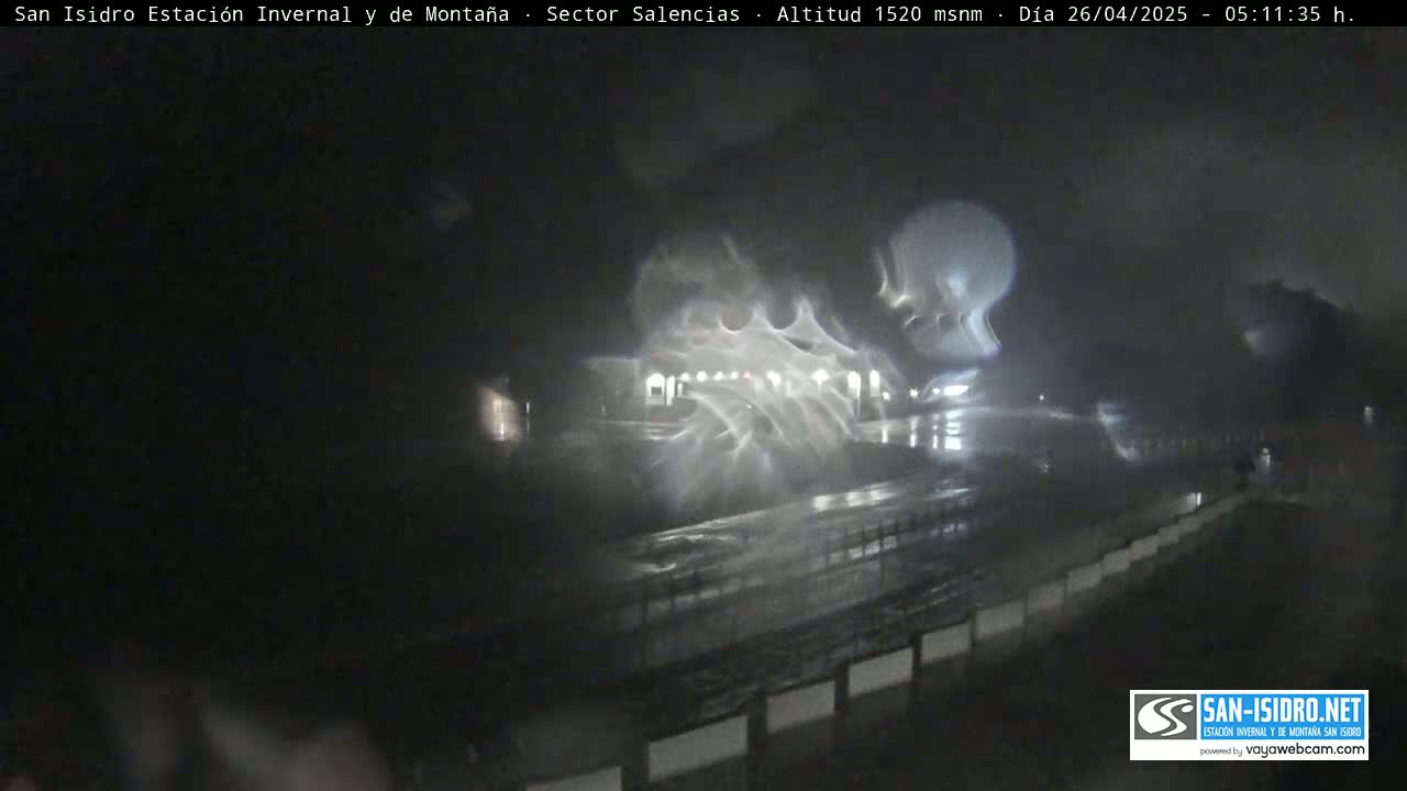 A nighttime, wet road scene shows a building in the distance, with blurry, distorted lights and what seems to be rain or snow obscuring the view.