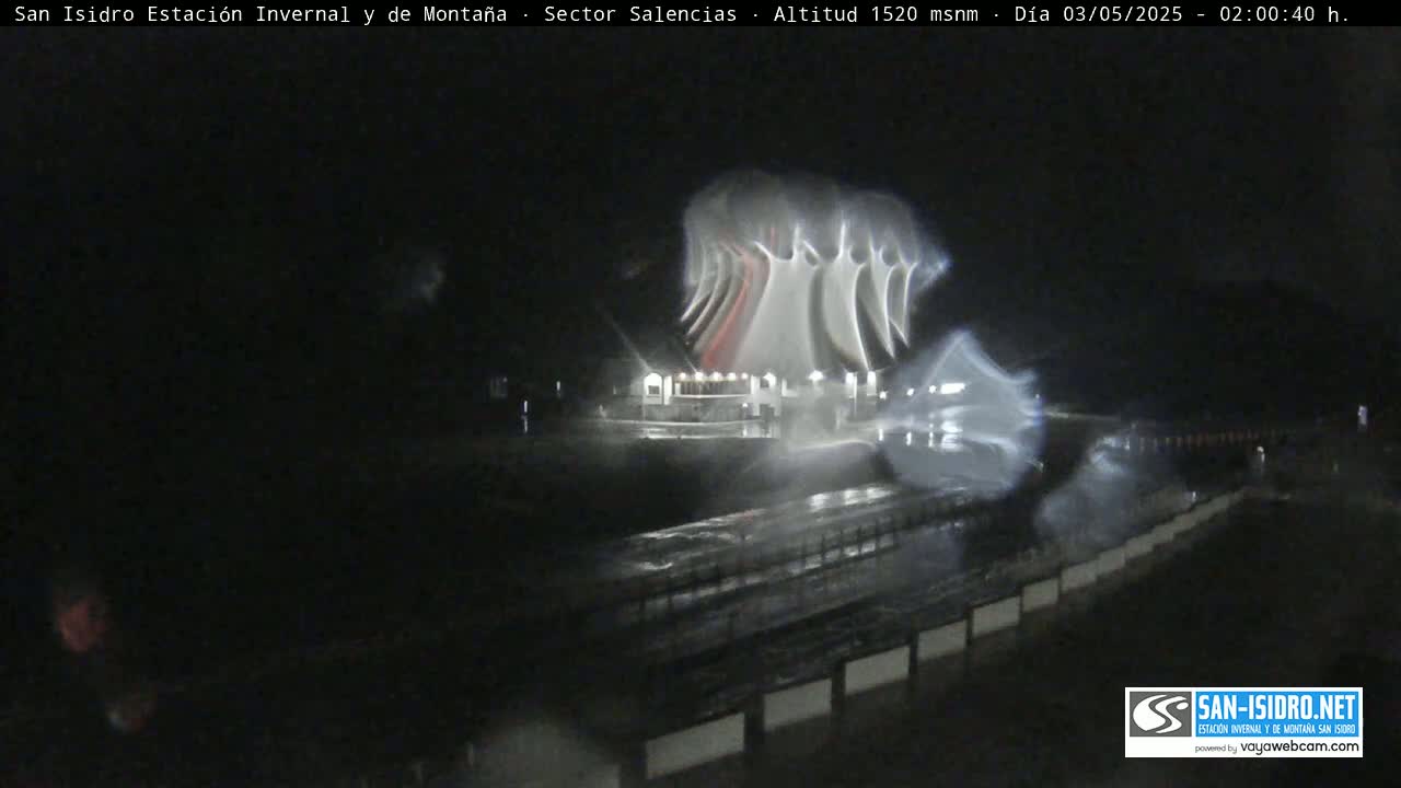 A nighttime, blurry view of a building, possibly a ski lodge, with streaks of light suggesting rain or snow, illuminated by lights.