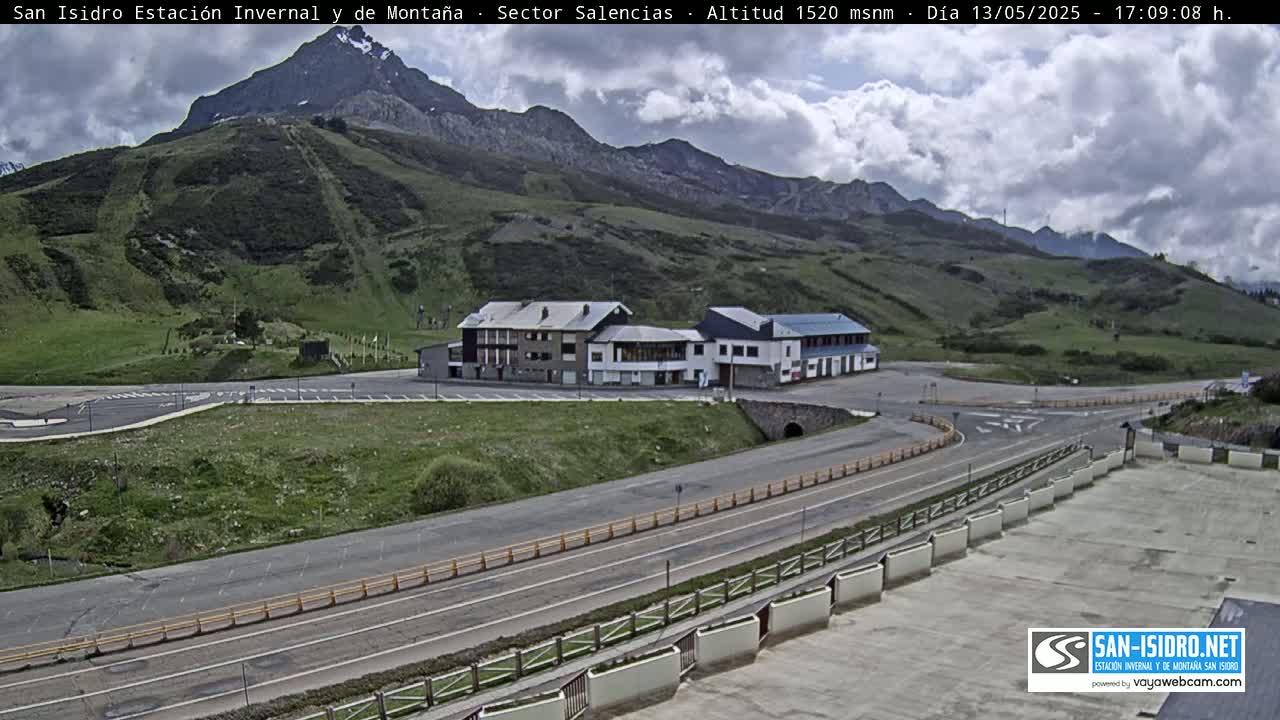 A mountainside parking lot with a few buildings is visible under a partly cloudy sky.