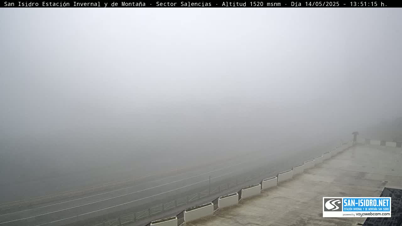 A thick fog obscures a road and low wall, with a flat expanse beyond.
