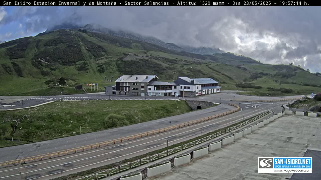 A mountainside parking lot with a building complex sits below a partly cloudy sky, overlooking a winding road.