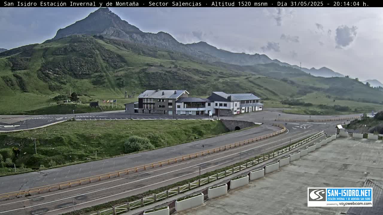 A mountainside parking lot with a building complex is visible under a partly cloudy sky.