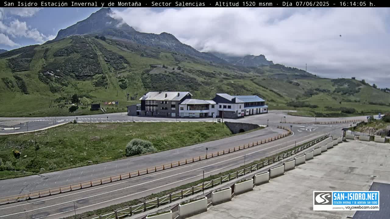 A mountainside parking lot with a few buildings is visible under partly cloudy skies, with a road curving past.