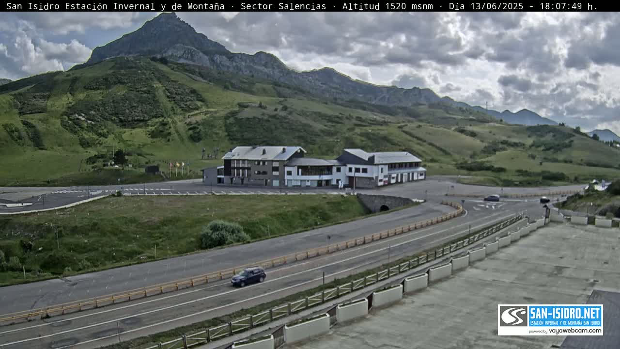A mountainside parking lot with a few buildings and a road leading away under partly cloudy skies.